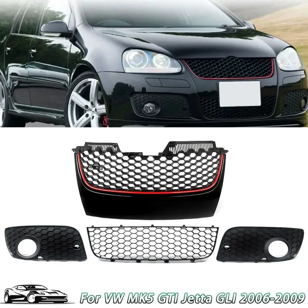 

Front Bumper Upper Lower Mesh Grille Red Trim For 06-09 VW Jetta GTI GLI /MK5