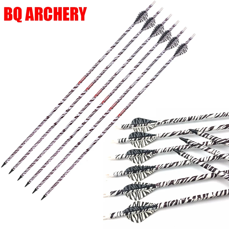 

Archery Zebra Spine340 400 Carbon Arrows, 2 "Tiger Skin Vanes for Recurve, Traditional Bow Hunting Accessories, 12Pcs