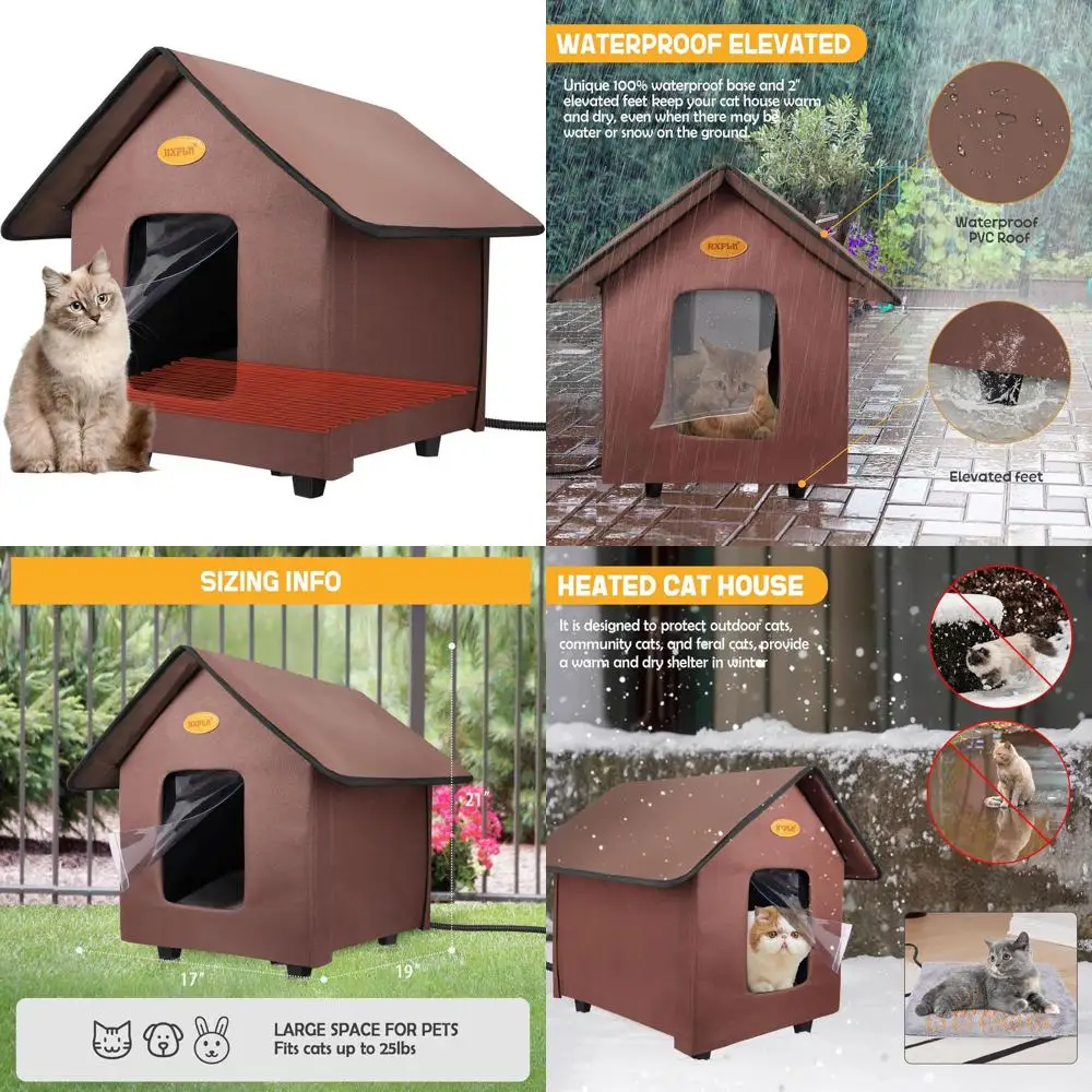 

Elevated Insulated Outdoor Heated Cat Shelter for Winter - Weatherproof Feral Cat House (Brown)