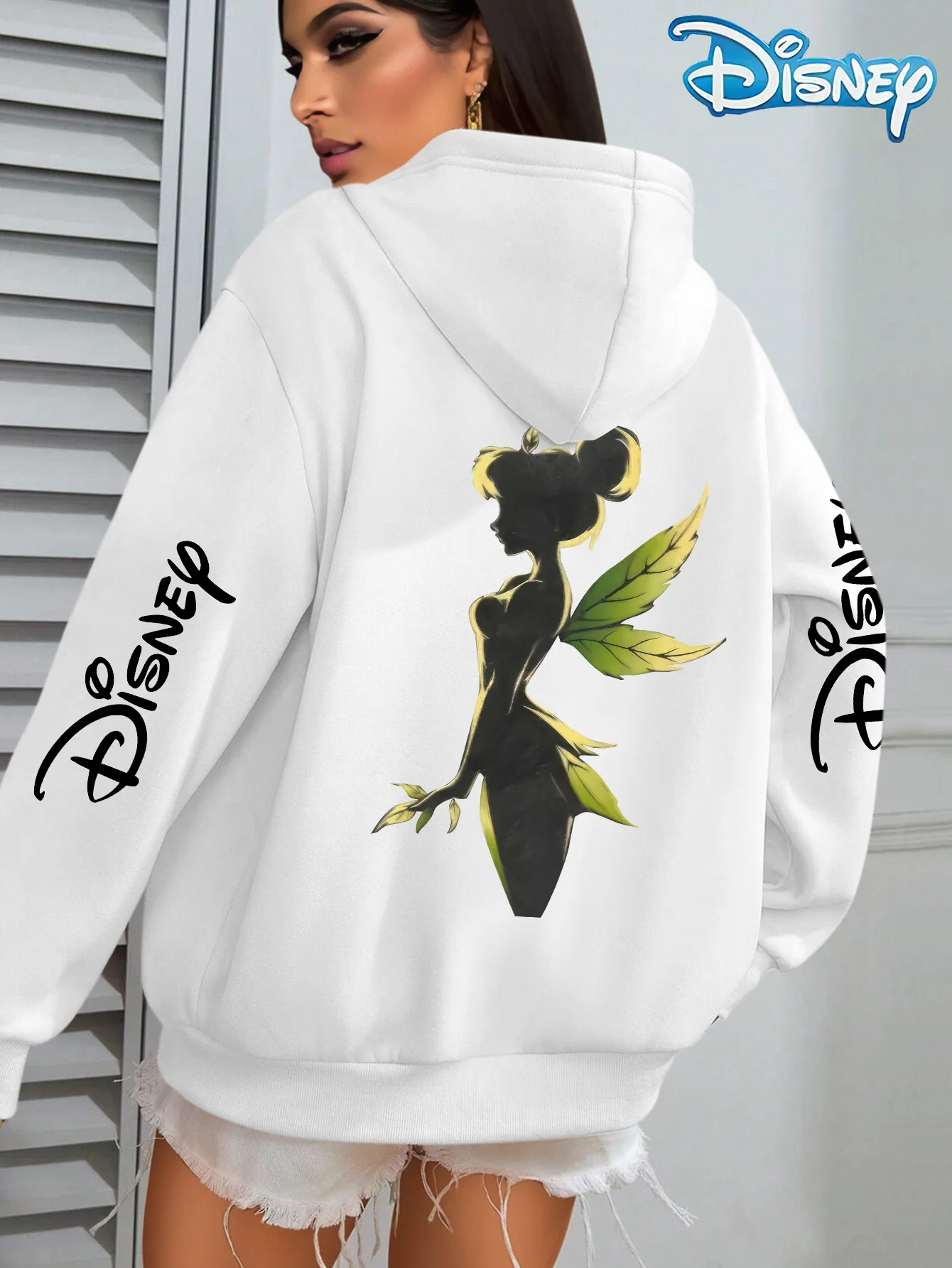 レディース ディズニー ティンカーベル柄 秋冬 フリース フード付きスウェットシャツ ユニセックス ストリートウェア オーバーサイズ ルーズ カジュアル