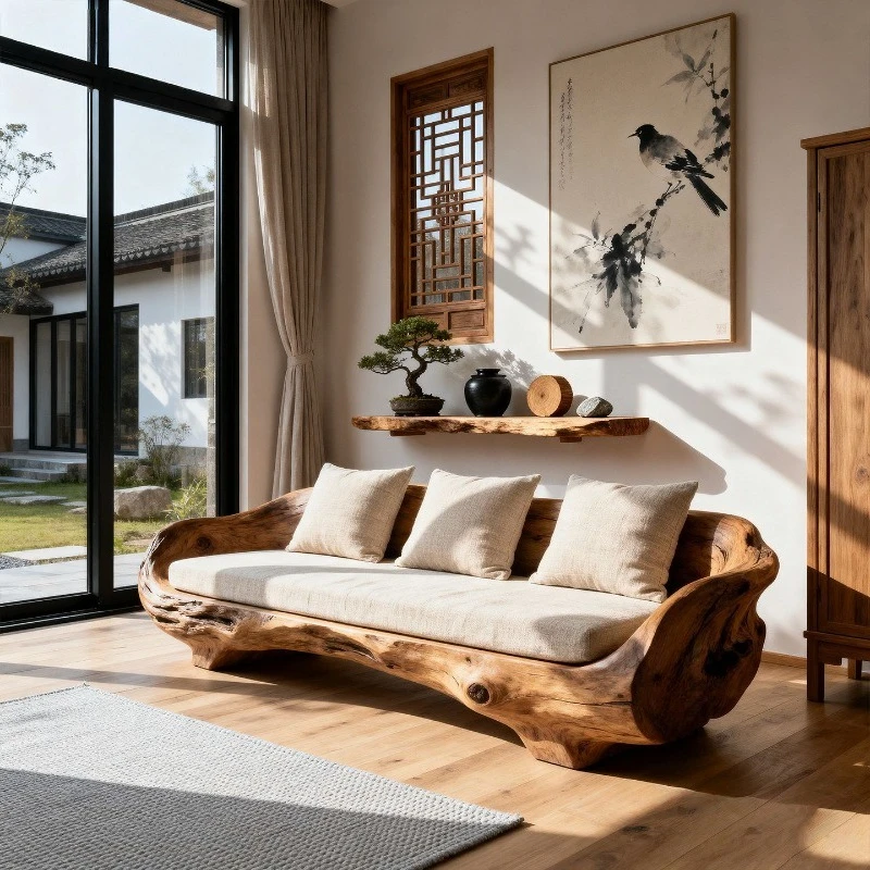 Log wind solid wood sofa, living room wabi sand sofa chair