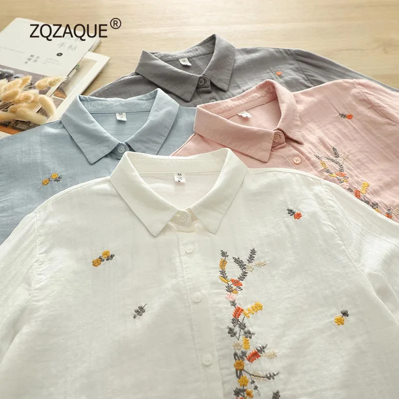 

New Preppy Style Girls Cotton Shirt Embroidery Floral Long Sleeve Turn-down Collar Tops for Women Casual Base Blouse S092