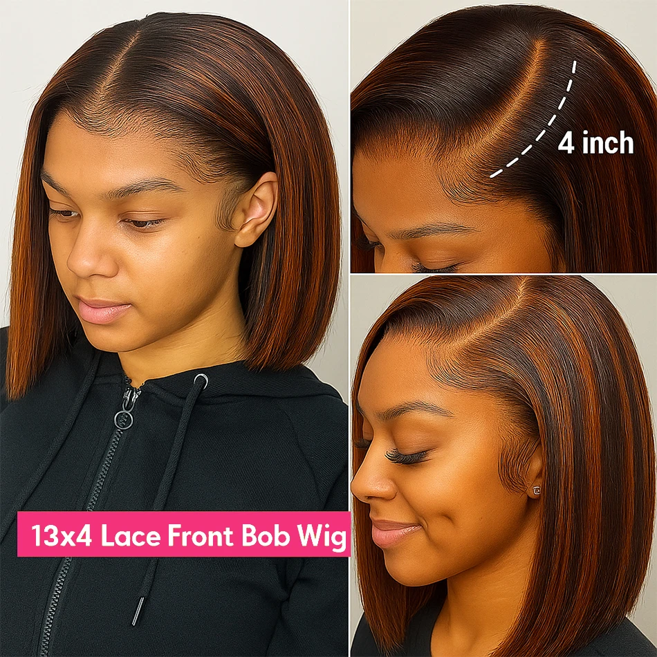 #4/350 Highlight Ginger Brown Short Bob Wig Human Hair Straight 13x4 HD Transparent Lace Frontal Wig Colored 5x5 Glueless Wig - Image 4