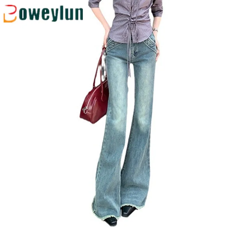 

Boweylun High Waist Vintage Raw Edge Micro Flare Jeans Women Autumn Slim Full Length Pants Denim Straight Flare Pants Female