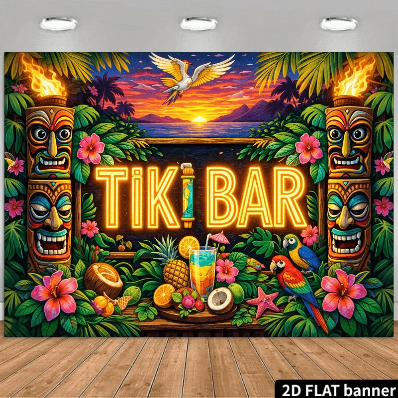 Tiki Bar Tapestry - Tropical Luau Party Wall Decor with Totem Masks, Parrots & Hibiscus Flowers, Neon Sign Style, Polyester,