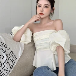 Gidyq Sexy Off Shoulder Women T Shirts Korean Fashion Folds Puff Sleeve Tops Summer Female Elegant All Match Tees New