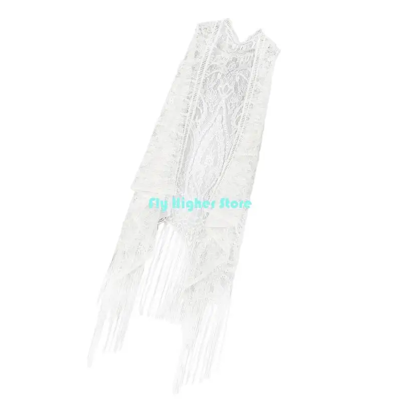 Women Fringe Vest Hollowed Lace Beach Shawl Beach Coverup Sleeveless Tassels Cardigan Top For Beach Outings Daily Use view 3