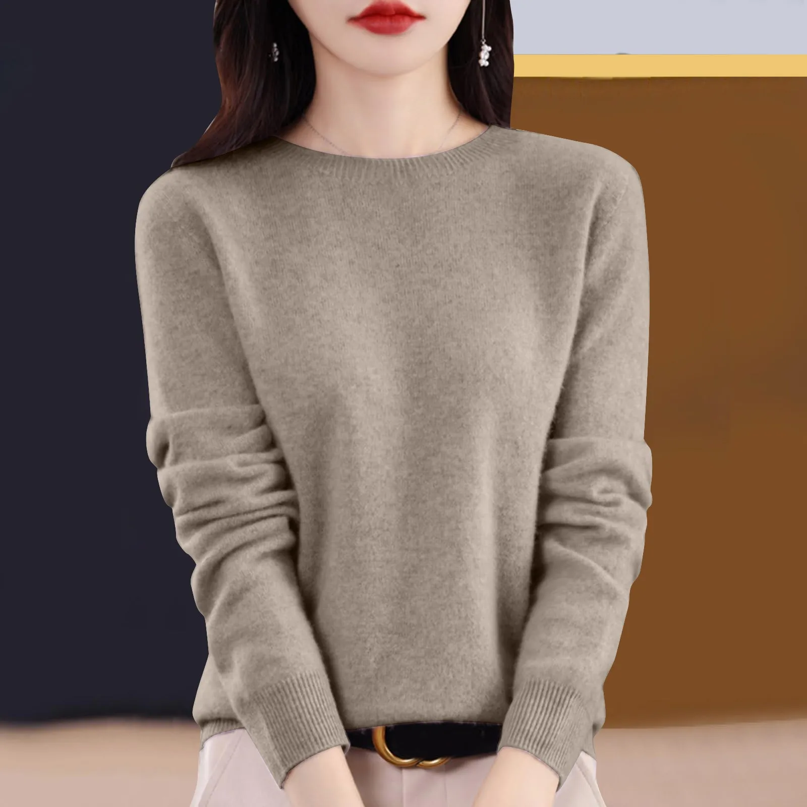 Sweater rajut wanita, baju dasar leher O lengan panjang Pullover kasmir musim gugur musim dingin