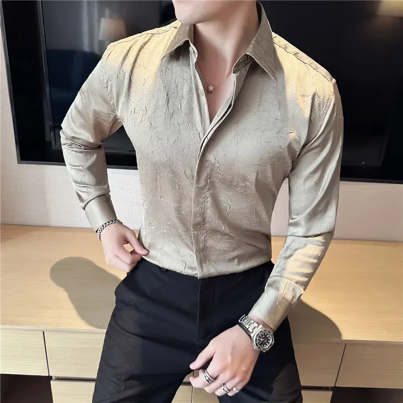 

Long Sleeve Dress Shirts For Men Clothing 2023 Top Quality Fashion Fold Design Ice Silk Business Casual Slim Formal Wear Tuxedo