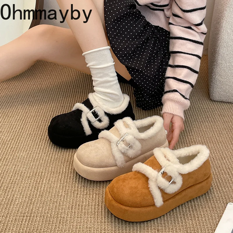 Women Round Toe Fur Platform Loafers Metal Buckle Strap Fleece Lined Warm Winter Shoes Suede Thick Sole Casual Ladies Flats
