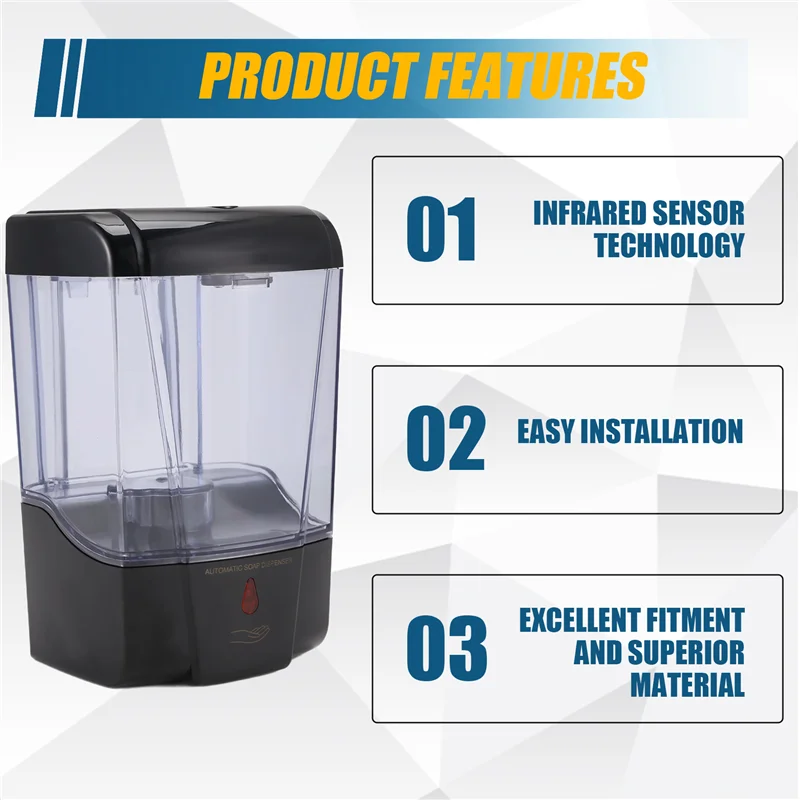 Dispensador automático de jabón AB45, Sensor de movimiento infrarrojo sin contacto, montaje en pared de 700Ml, manos libres para baño, cocina, Hotel