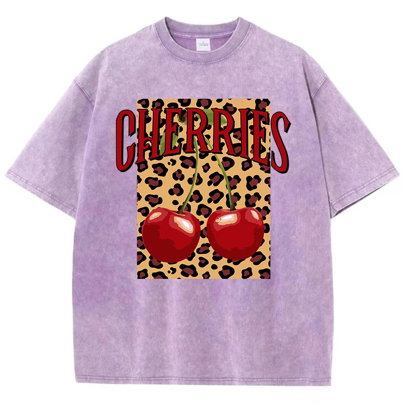 Casual Womans Acid Wash T-Shirts Fashion Leopard And Cherry Prints Tops Distressed Crewneck Oversize Cotton Tees Trend Clothes