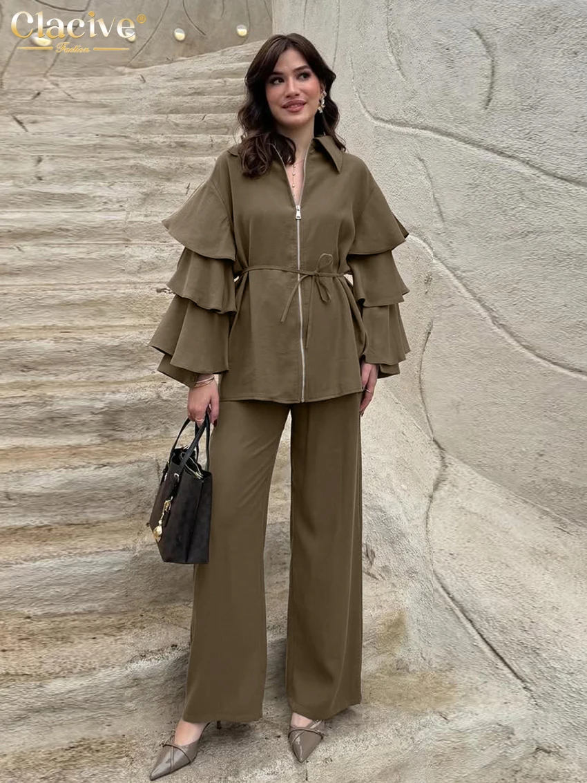 

Clacive Fashion Loose Khaki 2 Piece Set Women Elegant Long Sleeve Shirt With High Waist Wide Pants Set Female Clothes Streetwear