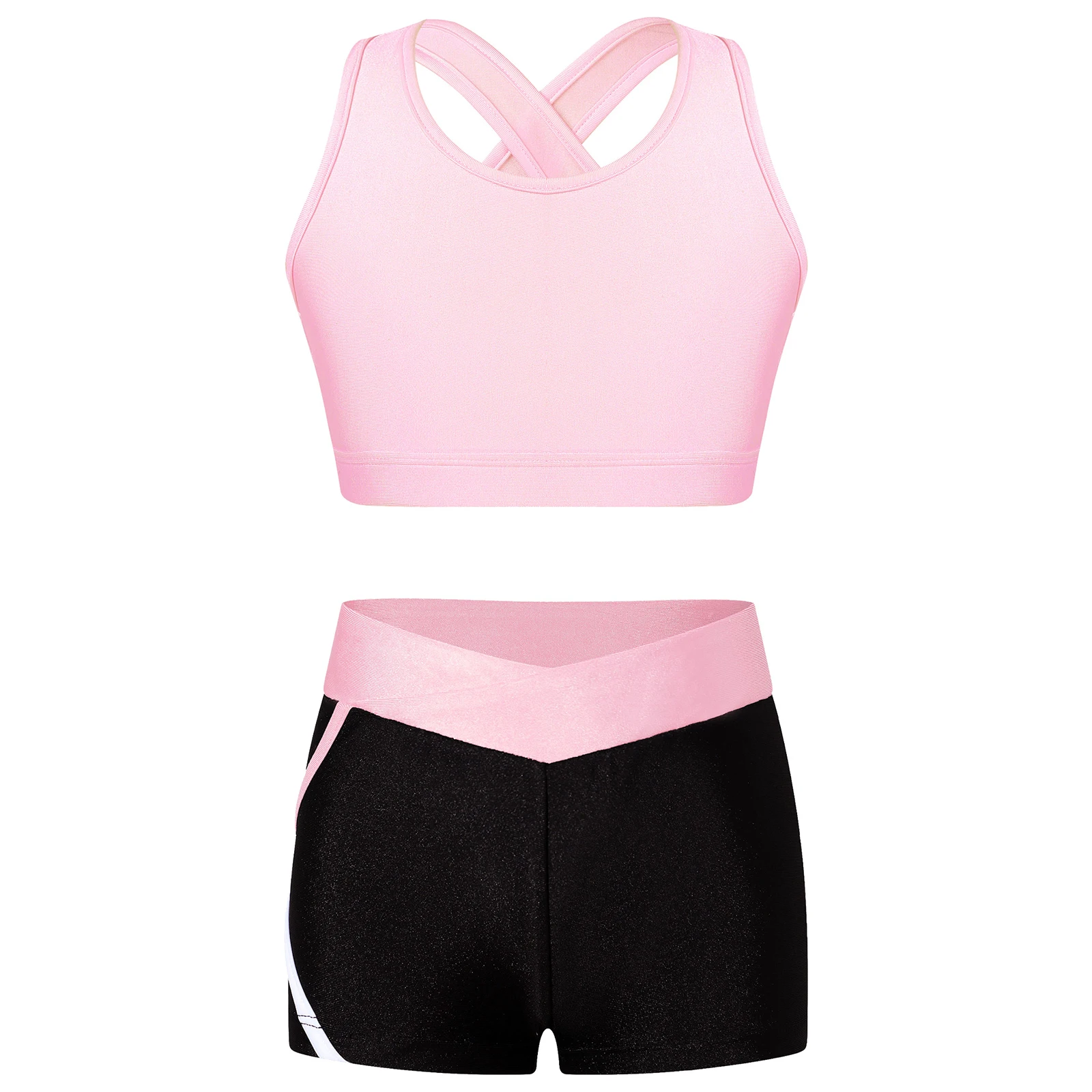 Kids Girls U Neck Shoulder Straps Cross Tank Top with Sport Shorts for Swimming Dance Yoga Set Running Gym Workout