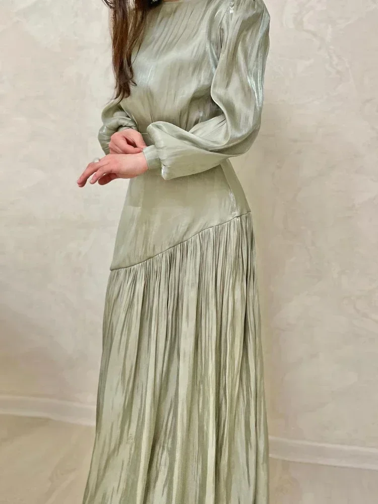 

Luxury Flowy New Dresses Women Fashion Trendy Summer Elegant Temperament Lantern Long Sleeve Waist Pleated Hem Slim Dress Party