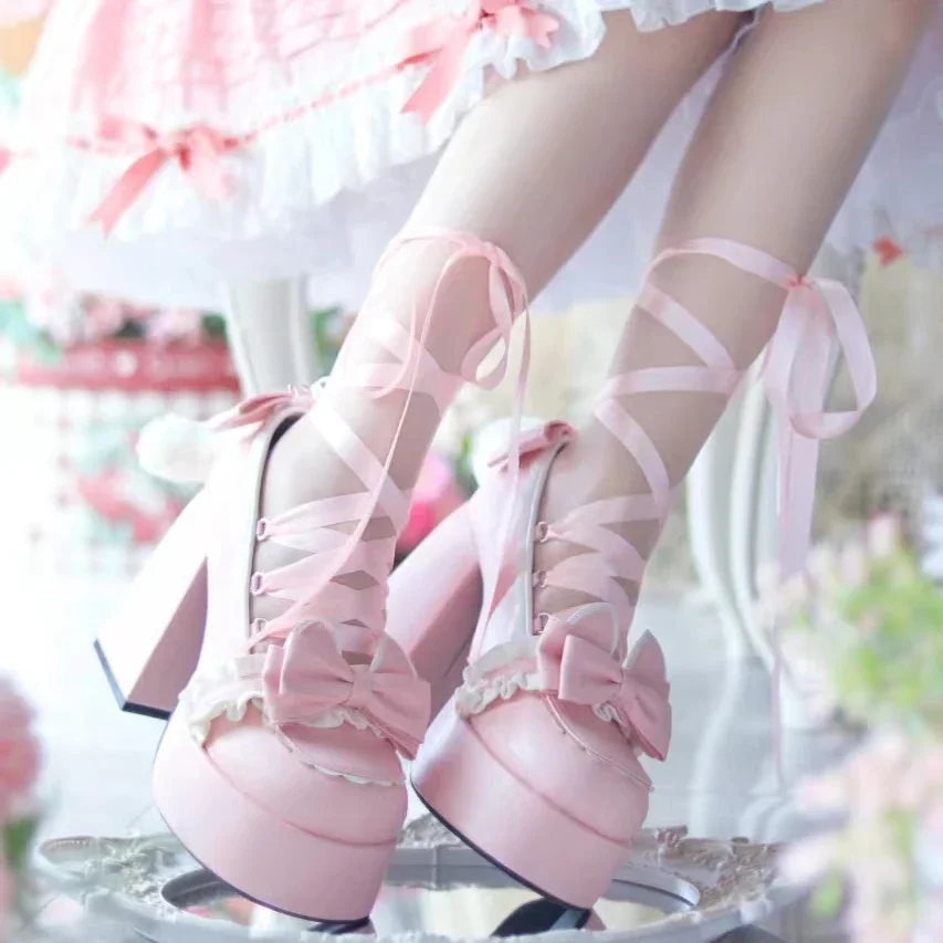 

2025 Original Punk Sweet Bow Strap Heels Japanese Sweet Loli Tea Party Single Shoes Cat Tail High Heels Pocket Cat Lolita Shoes