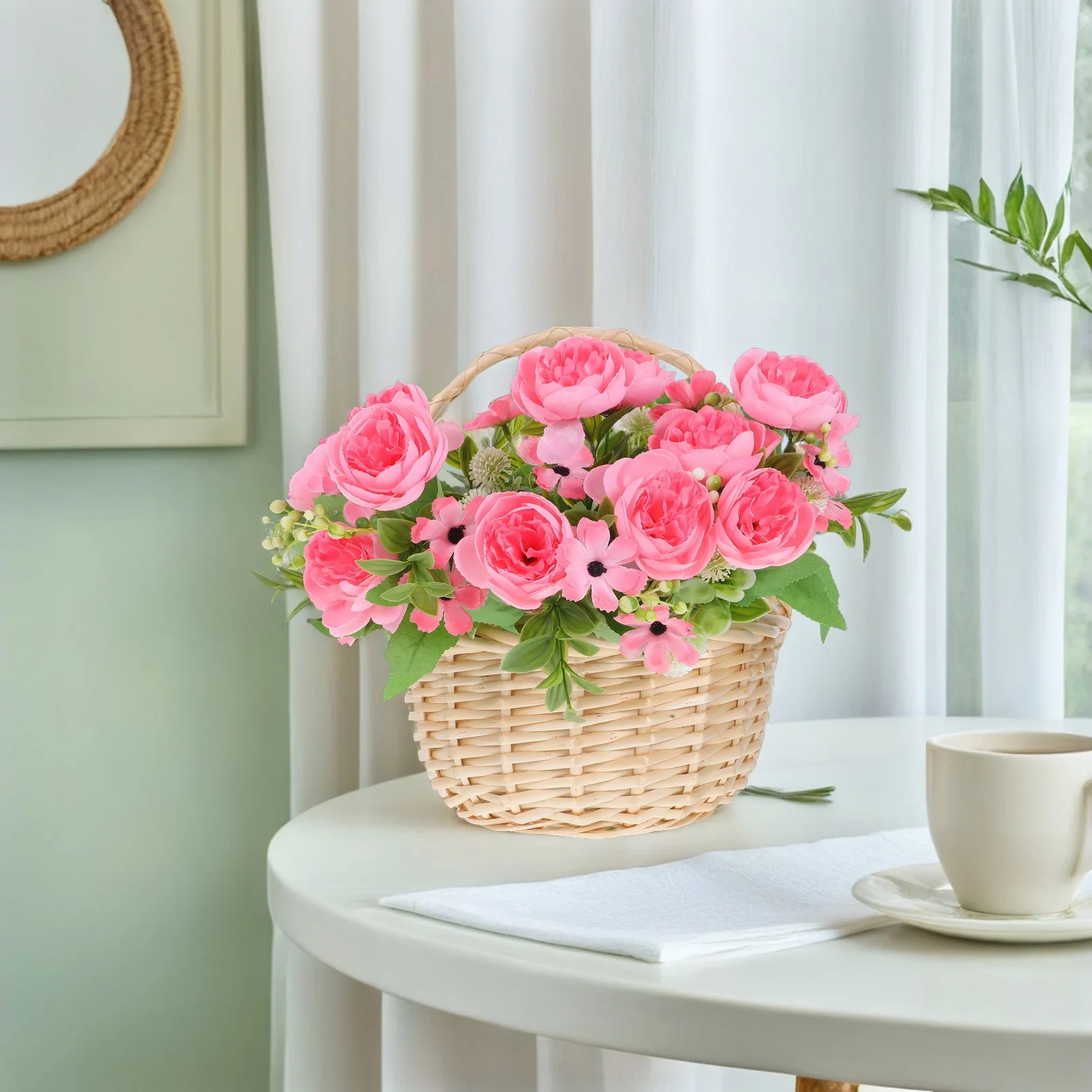 سلة صفصاف مستديرة مصنوعة يدويًا، حاوية فاكهة الروطان خفيفة الوزن للاحتفال بعيد الفصح، سلة زهور مزخرفة