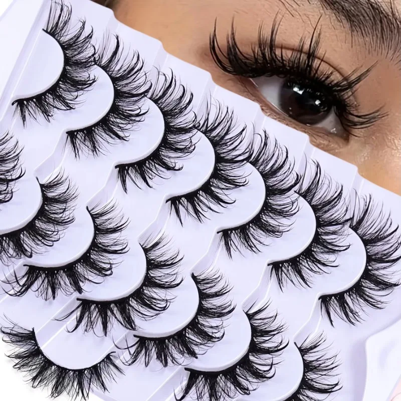 7 Paar Wet-Look Manga Lash Wispy D-Curl Wimpern, künstliche Wimpern, flauschige Feen-Katzen-Wimpern, dramatische falsche Wimpern mit Spikes