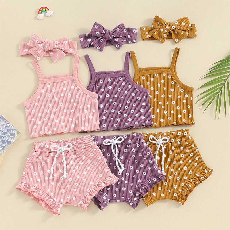 

Baby Girls Clothing Outfits Floral Print Sleeveless Camisole Tops and Elastic Ruffled Shorts Headband Set Summer Clothes