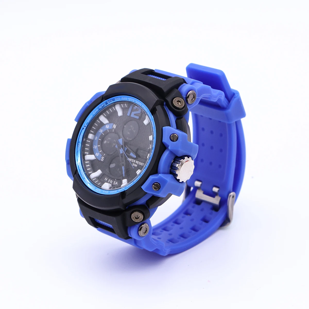 

1713 Men'S Military Sports Watch Led Backlight Digital Waterproof 50M Alarm Chronograph Dual Time Stainless Steel Buckle Blue Pu