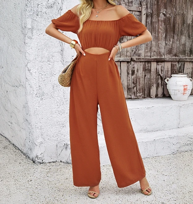 Women's Jumpsuit 2024 Summer Off Shoulder One Line Neck Puff Sleeves Hollow Out Lace Up High Waisted Wide-Leg Overall for Women