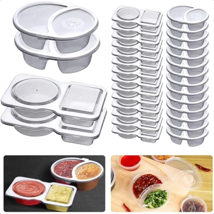 32 Sets Double Compartment Condiment Container Disposable 2 Compartment Snack Containers with Lids Reusable Plastic Double Cond
