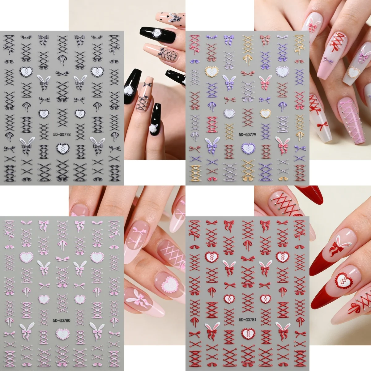 1pc 5D Corset Style Lace-up Bow Nail Decals Bunny Heart Nail Art Stickers DIY Manicure Art Decorations For Nail Salon & Home Use