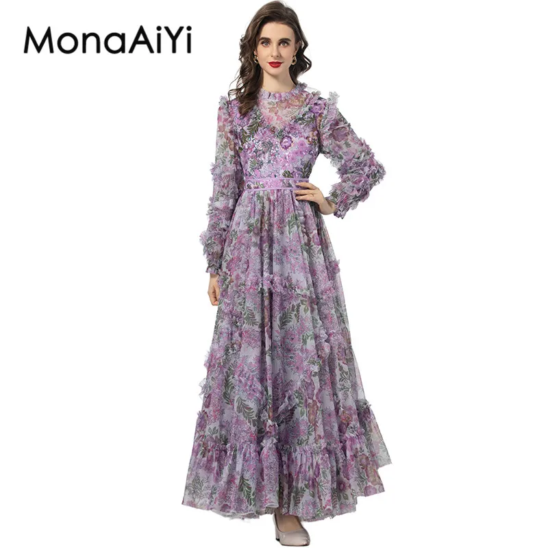 

MonaAiYi Spring Summer Women's Dress Long-Sleeved Mesh Sequins Edible Tree Fungus Edge Embroidery Ball Gown S-4XL Dresses