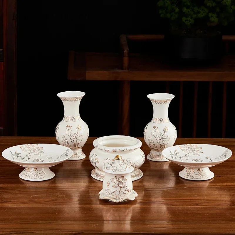 Chinese Creative Relief Ceramic Lotus Buddha Supplies Offering Water Cups, Incense Burners, Vases, Fruit Plates and Ornaments