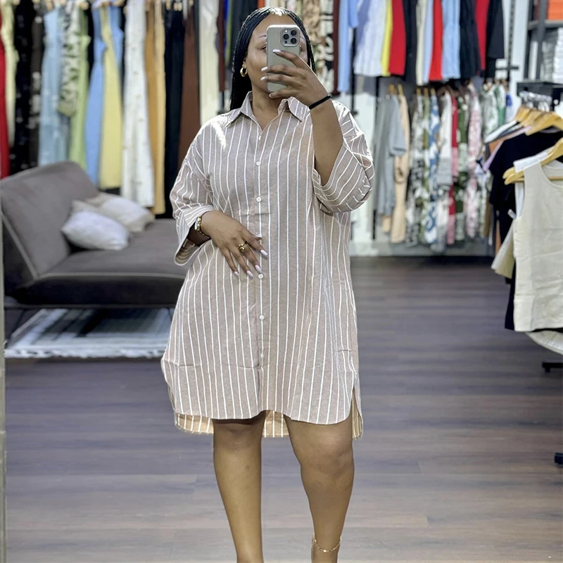 

Elegant New African Fashion Women Casual Long Loose Shirt Blouse Single Breasted Striped Printed Long Midi Shirt Tops