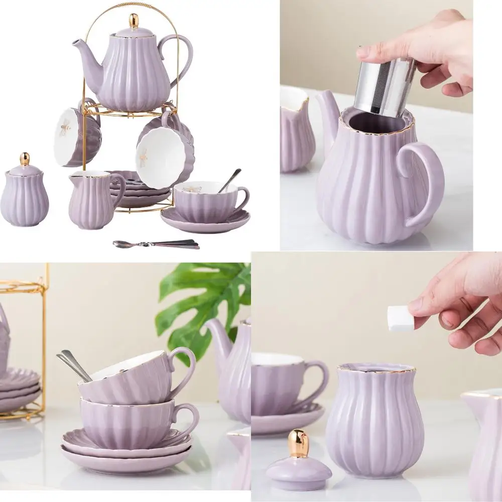 

Фиолетовый тонкий китайский кофейный и чайный сервиз с чайником, сахарной чашей, сливочником, чайными ложками и чайными аксессуарами