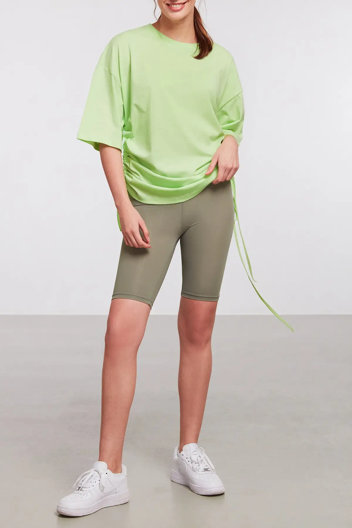 Women's Light Green Oversize Crew Neck Off Shoulder Printed Tshirt Casual Fashion Items Street Sport Style Wear Spring Summer