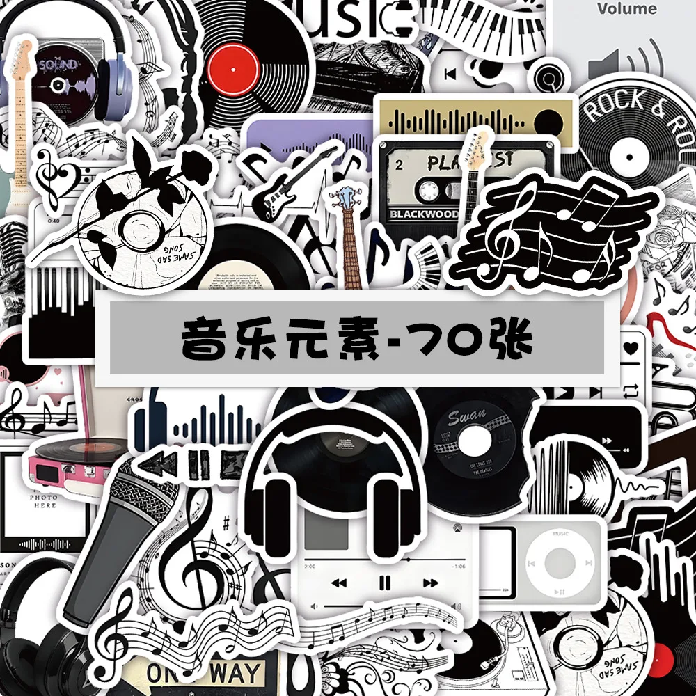 

70PCS Music Note Instrument Stickers Rock Roll Vinyl Record Black and White Style Decorative Laptop Waterproof Stickers Kids Toy