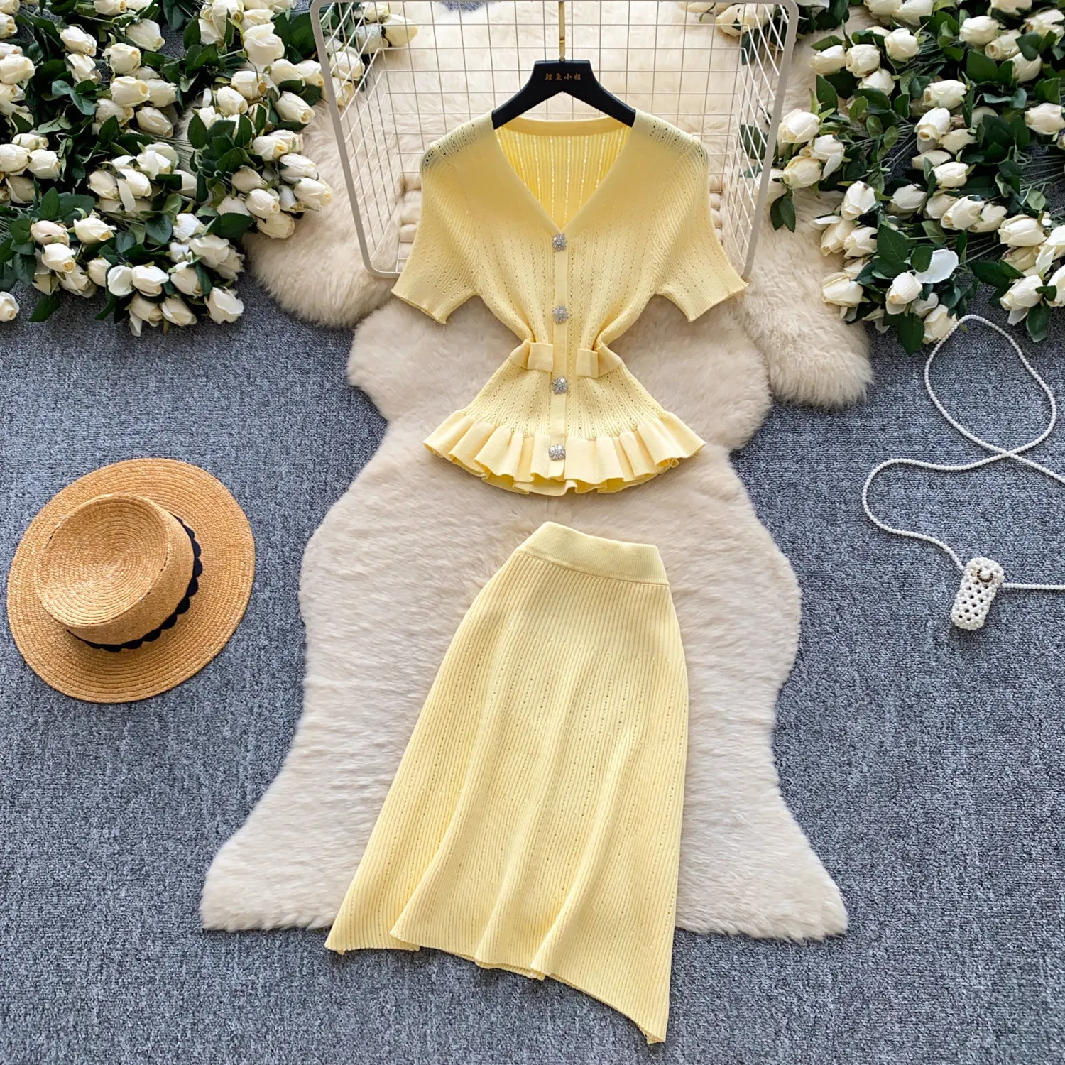 Two Piece Sets Women Skirt Set V Neck Short Sleeve Tops Mid Length Skirts A Line High Waist Y2k Streetwear Elegant Work Knit