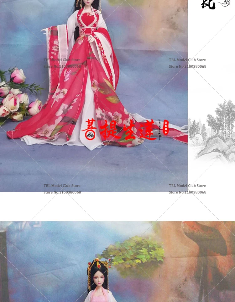 Tersedia Hanfu Tradisional Tiongkok Skala 1/6 untuk Figur Aksi 12 inci, dengan Pita dan Lengan Panjang Bermotif