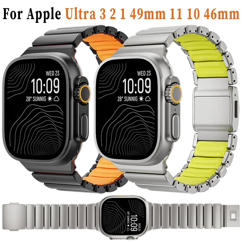 حزام معدني لساعة أبل الترا 3 2 1 49 مللي متر 11 10 46 مللي متر مشبك مغناطيسي الراقية حزام الساعات iWatch 9 8 7 6 5 SE3 45 مللي متر 44 مللي متر Correa