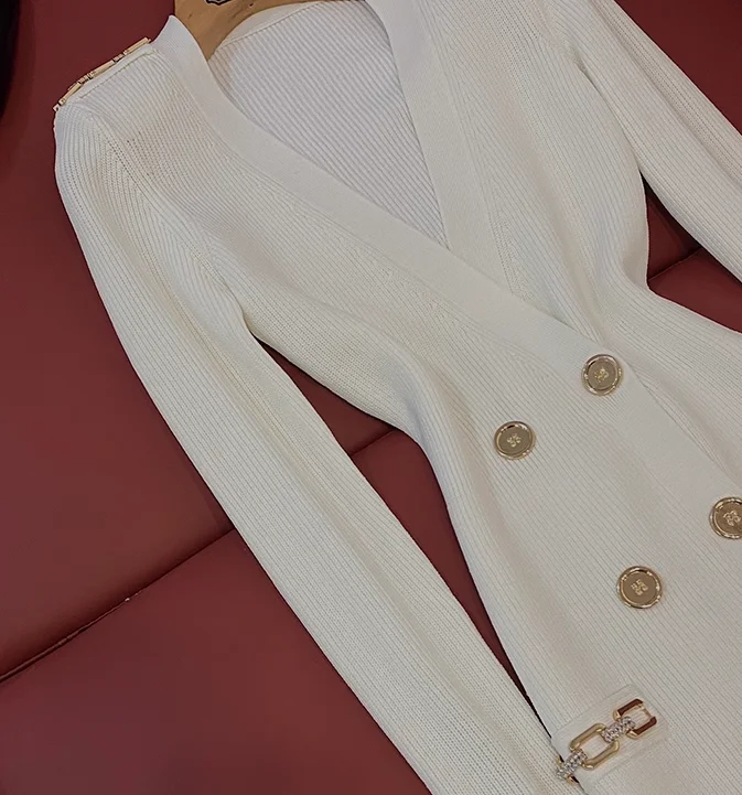 French Style Vintage Deep V-neckline Chain Lady 2024 Spring Cloth Double-breasted Long Sleeve Women Skinny Knit Mini Dress