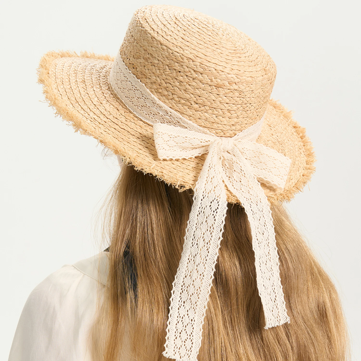 USPOP French Style Large Brim Raffia Straw Hat Women Summer Beach Vacation Sun Hat Rough Edge Brim Bow Beach Lace-up Sun Hat