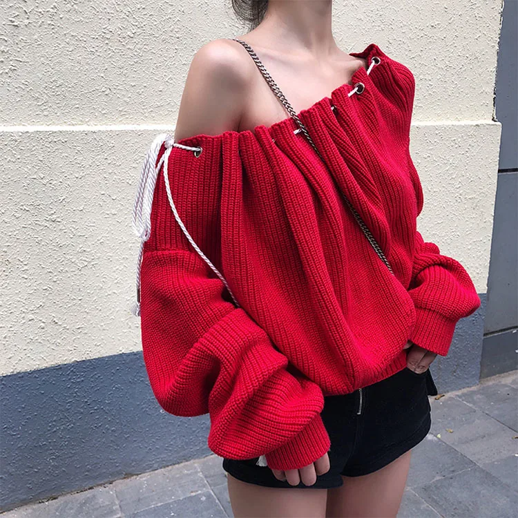 Women Red Pullover Knitted Sweater Y2k Aesthetic Vintage Long Sleeves Slash Neck Japanese Sweater Jumper 2000s Clothes Autumn