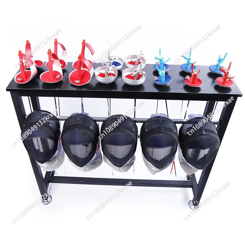 Fencing table organizer - rack for fencing equipment, helmets, face masks, and weapons