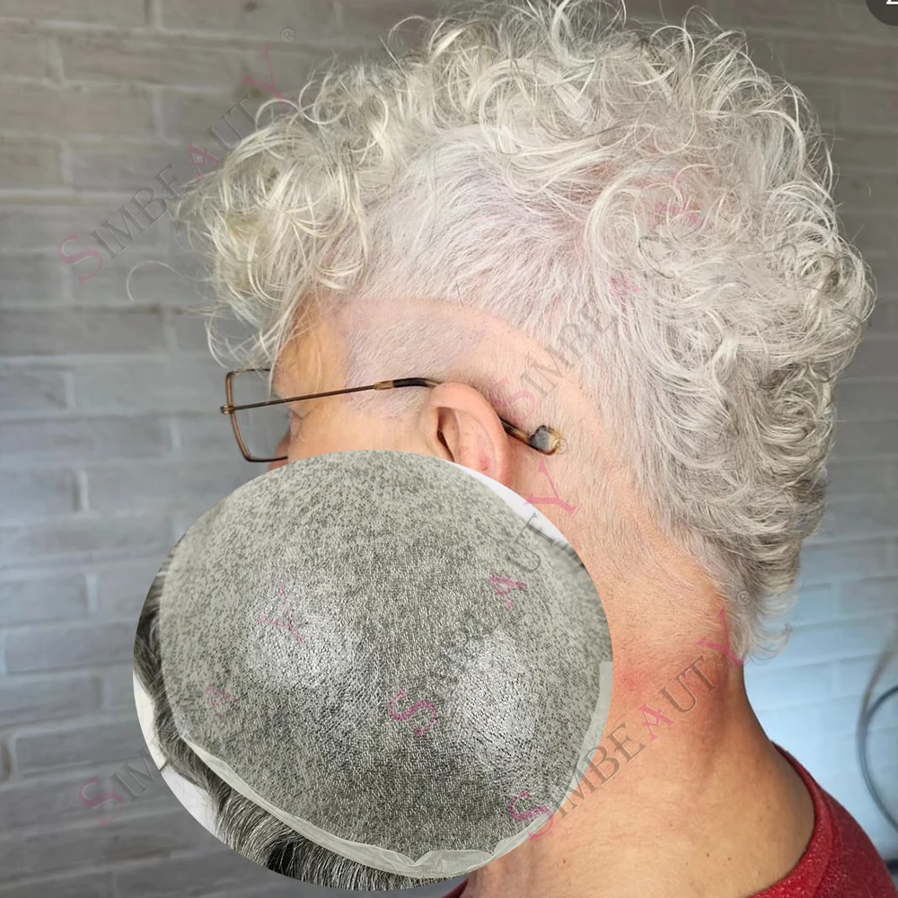 

Ультратонкий парик из натуральных волос 0,02 мм, 26 мм, кудрявые светло-серые волосы, мужской, с супернатуральной линией роста волос, 80% плотность, незаметный V-образный шов, накладка-тупе