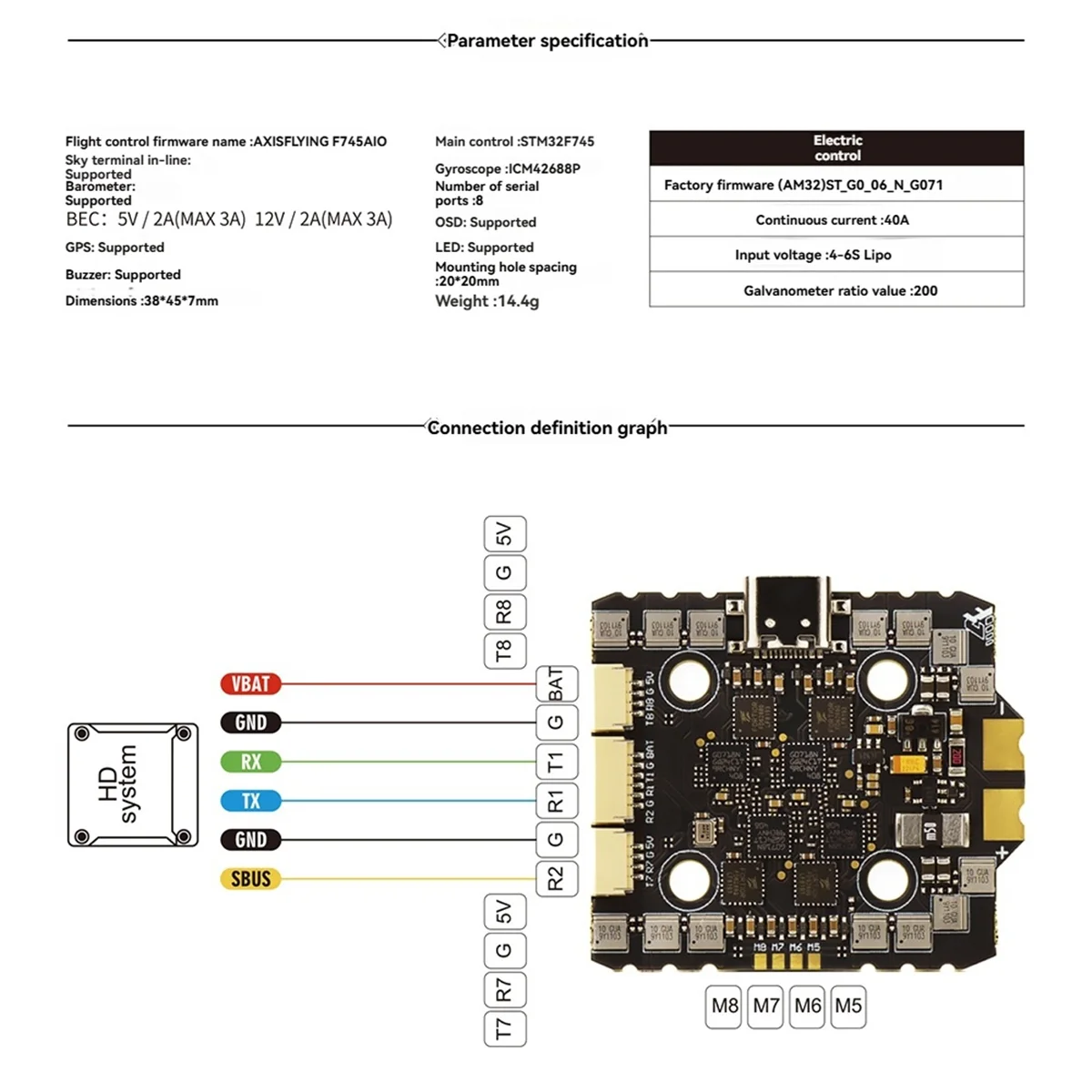 Controllore di volo Axisflying Argus F745 AIO 45A, ICM-42688,12V SwitchJAS