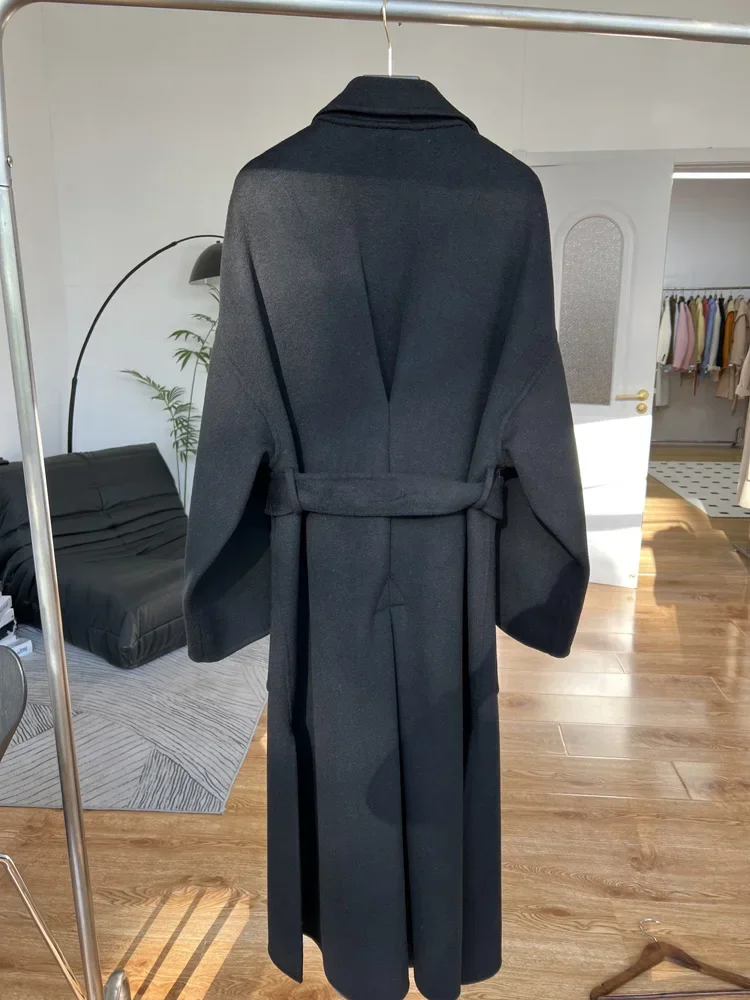 New Women Bathrobe Double-sided Wool Cashmere Coat Loose Casual Lace-up Warm Woolen Coat Long Fashion Overcoat Fit Autumn Winter