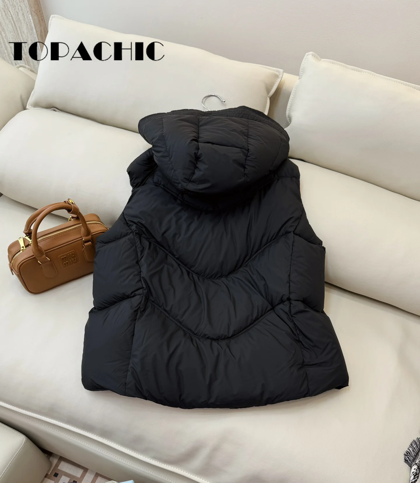 9.4 TOPACHIC Women High Quality White Goose Down Keep Warm Vest Hooded Lace-up Simple Solid Sleeveless Zipper Down Vest Coat