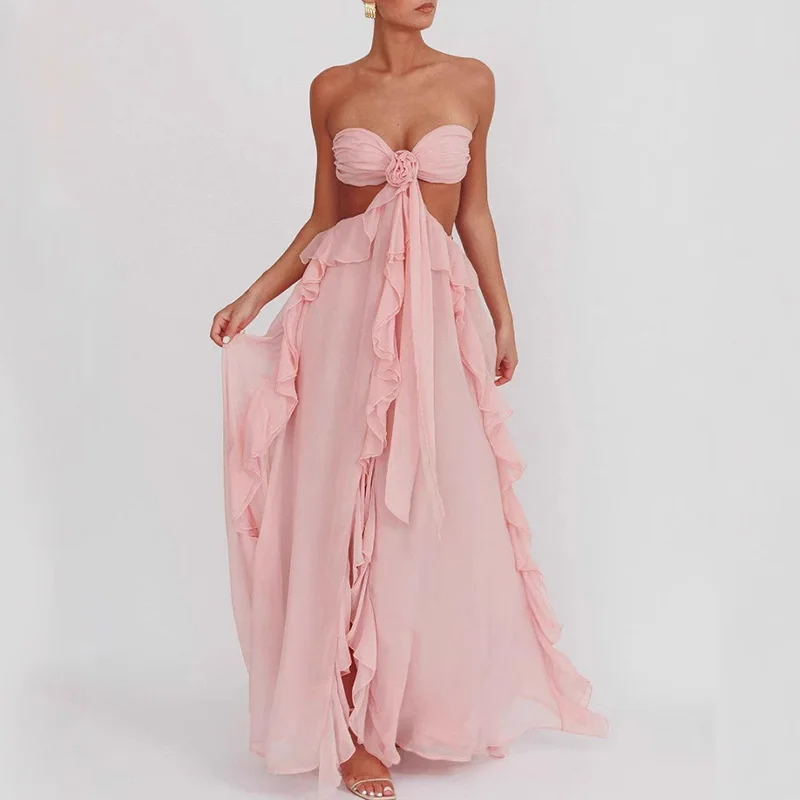 

New Loose Swing Dress Women Casual High Waist Ruffles Evening Dress Fashion Suspender Hollow Out Stereoscopic Chest Floral Dress