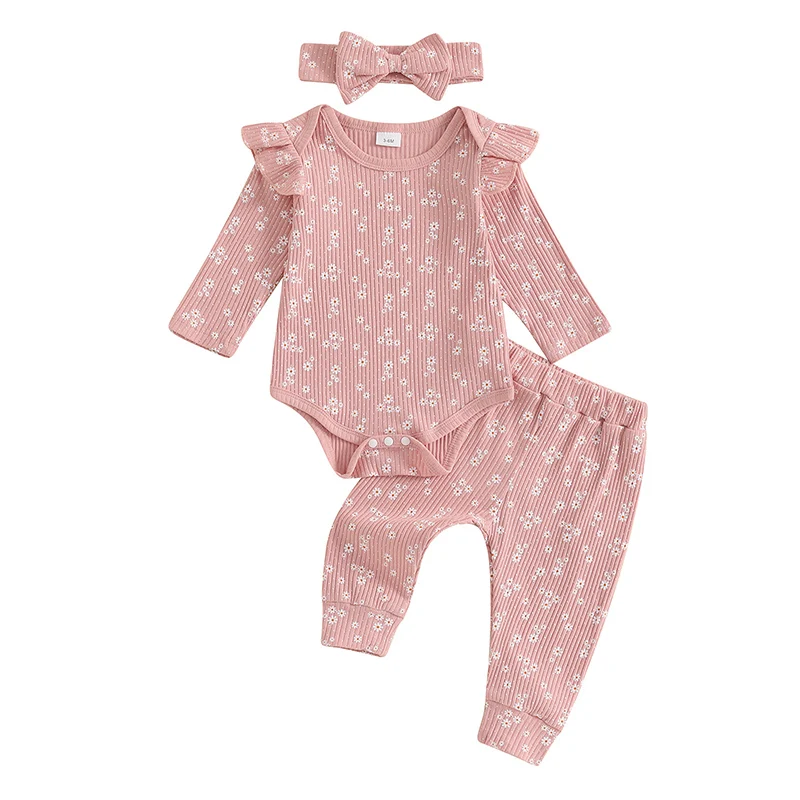 

Baby Girl Fall Outfits Floral Print Crew Neck Long Sleeve Romper Long Pants Headband 3Pcs Clothes Set