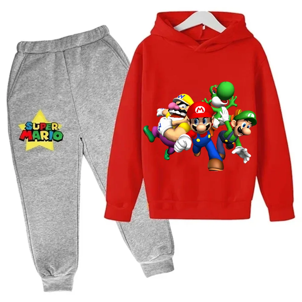 Felpa con cappuccio per bambini nuova Felpa con stampa grafica Super Mario 3-14 anni Felpe sportive comode per bambini + Pantaloni sportivi comodi e alla moda