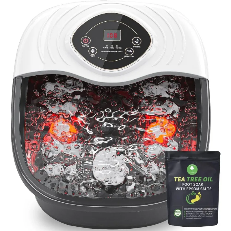 

Tea Tree Oil Foot Soak with Epsom Salt - with Heat, Bubbles and Vibration,Red Light,Medicine Box Digital Temperature