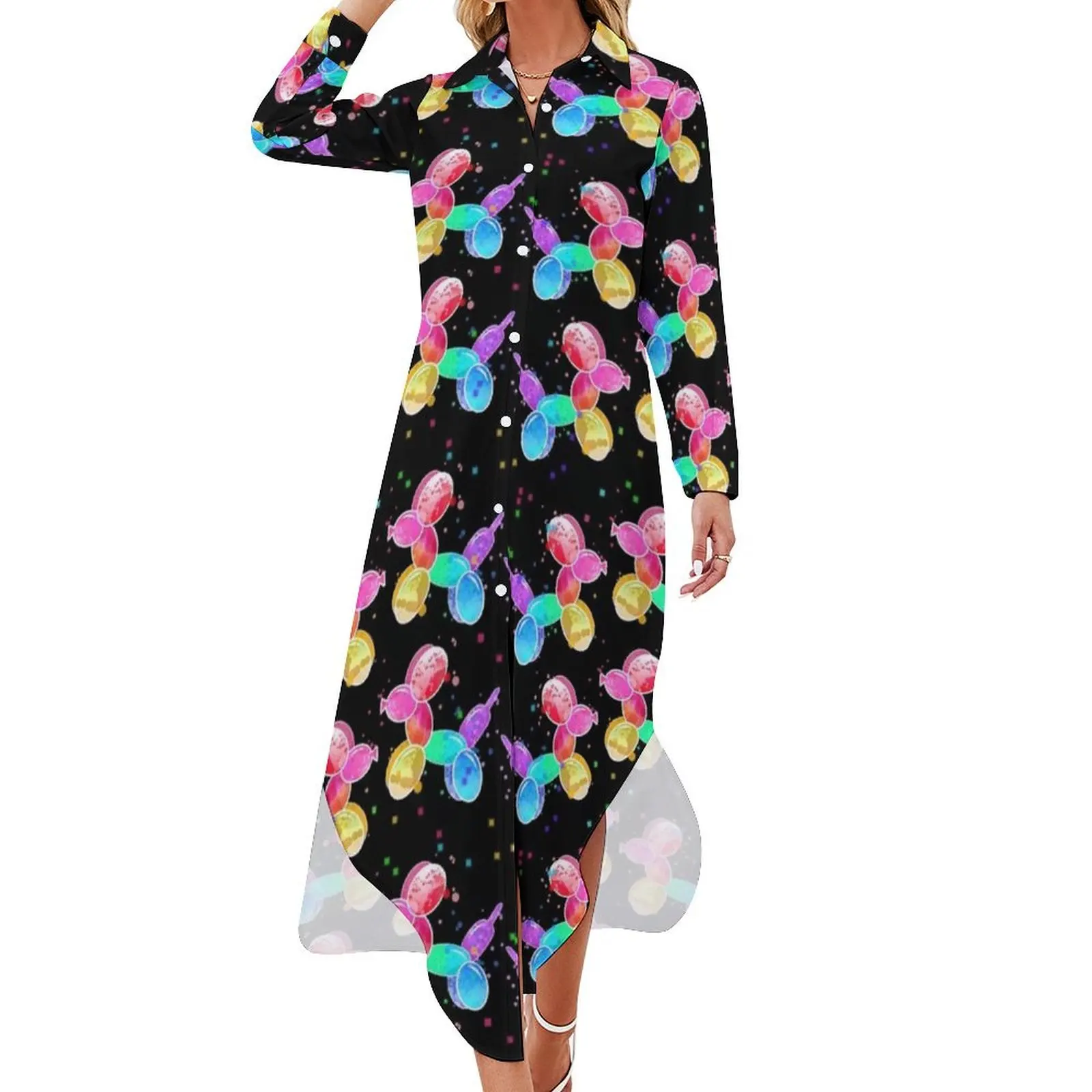 

Watercolor Balloon Dogs on black Long Sleeved Shirt Dress dresses for womens Dress woman Women's summer skirt