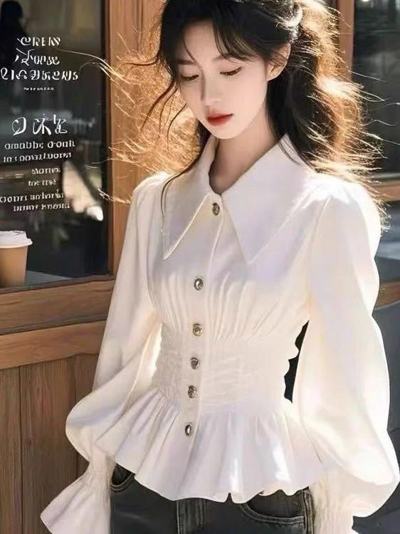 Ele White Long Sve irt da donna Faionable Slim Fit Colletto rovesciato Vita stretta Sle unico Nuovo arrivo primaverile
